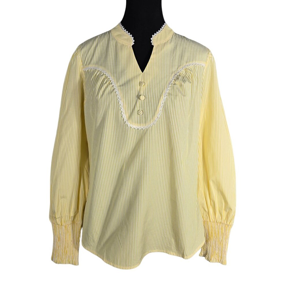 NWT | Falechay Yellow & White Striped V-Neck Lace Trim Long Sleeve Blouse | Smal